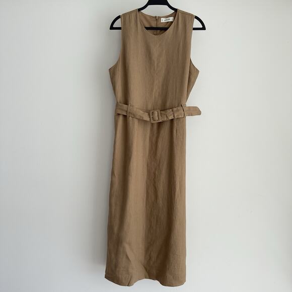 Everlane The Linen Belted Midi Dress 8 Tan Flax Minimalist Quiet Luxury Elegant - Picture 2 of 12